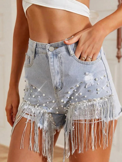 Pantalones cortos vaqueros con borlas de Luisa Tassel