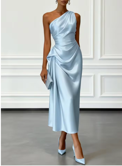 Valeria-Vestido midi de satén con un solo hombro y cintura fruncidaelegante.