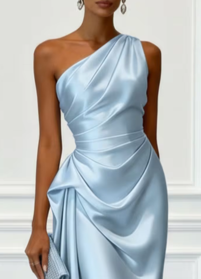 Valeria-Vestido midi de satén con un solo hombro y cintura fruncidaelegante.