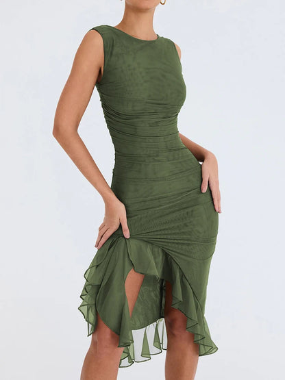 Elisa-Elegante vestido midi con volantes